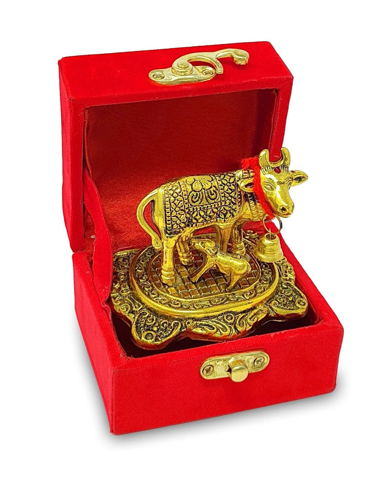 NOBILITY Small Kamdhenu Cow with Calf Metal Statue with Red Velvet Gift Box Decorative Item Showpiece for Home Office Diwali Decoration items Wedding Return Gifts