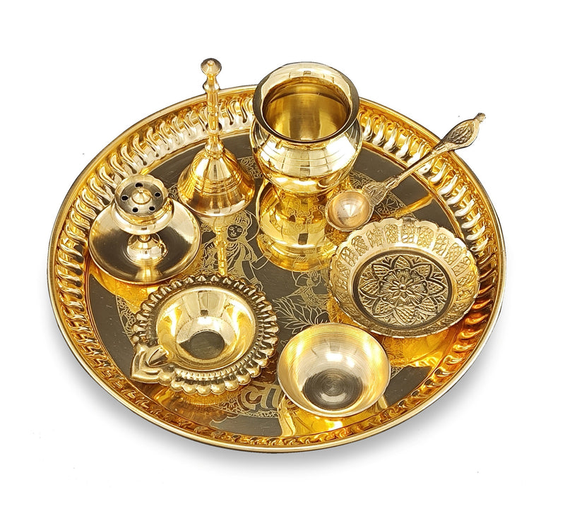 NOBILITY Brass Pooja Thali Set 8 Inch Puja Items with Pital Plate Kalash Palli Kangura Plate Chandan Vati Diya Dhup Dan Ghanti Arti Thali for Diwali Home Office Mandir Wedding Return Gift Items