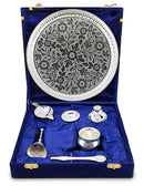 NOBILITY Pooja Thali Set Silver Plated with Blue Gift Box Designed 8 Inch Puja Plate Kalash Bowl Ghanti Spoon Dhup Dan Diya for Home Office Diwali Wedding Return Gift Items