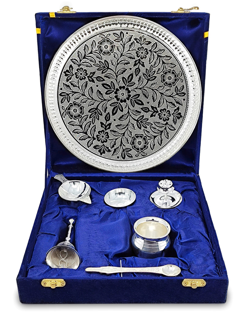 NOBILITY Pooja Thali Set Silver Plated with Blue Gift Box Designed 9 Inch Puja Plate Kalash Bowl Ghanti Spoon Dhup Dan Diya for Home Office Diwali Wedding Return Gift Items