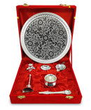NOBILITY Pooja Thali Set Silver Plated with Red Gift Box Designed 8 Inch Puja Plate Kalash Bowl Ghanti Spoon Dhup Dan Diya for Home Office Diwali Wedding Return Gift Items