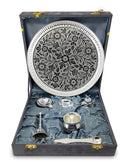 NOBILITY Pooja Thali Set Silver Plated with Gray Gift Box Designed 8 Inch Puja Plate Kalash Bowl Ghanti Spoon Dhup Dan Diya for Home Office Diwali Wedding Return Gift Items