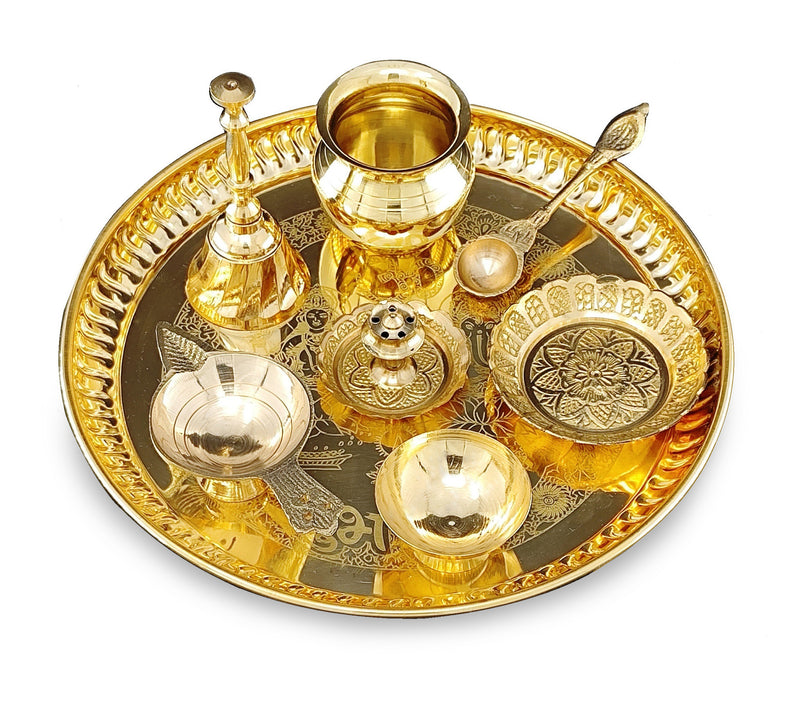 NOBILITY Brass Puja Thali Set 8 Inch Pooja Thali with Pital Plate Kalash Kangura Plate Palli Diya Ghanti Dhup Dan Chandan Wati Arti Thali for Diwali Home Office Mandir Wedding Return Gift Items