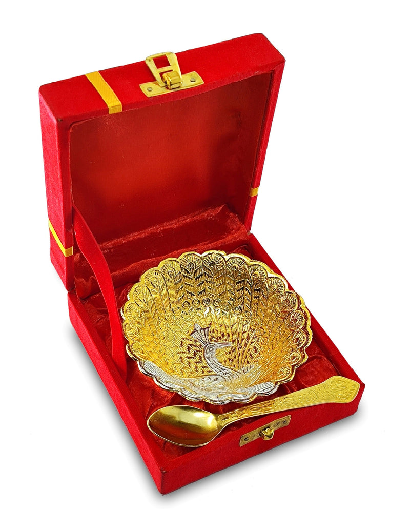 NOBILITY Bowl Spoon Set Gold and Silver Plated Leaf Shaped Designed with Velvet Box Dry Fruit Dessert Serving Sets Friends Family Home Decorative Corporate Gifts Wedding Return Gift