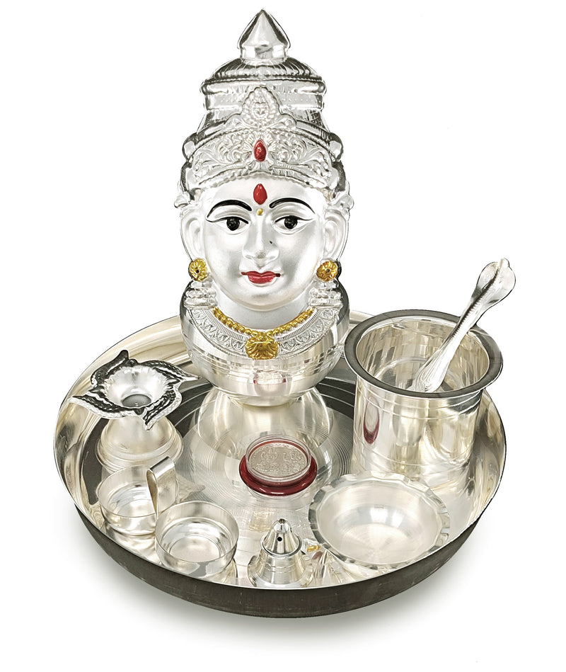 NOBILITY Silver Plated Pooja thali Set with Varalakshmi Devi Mukhota Idol Statue