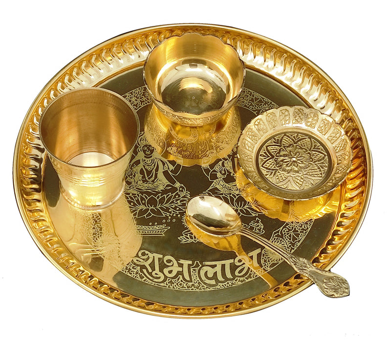 NOBILITY Brass Ganesh Lakshmi Bhog thali Pooja Set 8 Inch with Pital Plate Glass Spoon Prasad Bowls Puja Thali for Diwali Home Mandir Office Wedding Return Gift Items