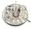NOBILITY Silver Plated Pooja thali Set 7 Inch Plate Bowl Dhup Dan Diya Ghanti Glass Bowl Spoon Ganesh Lakshmi Desihn Coin Puja Thali for Diwali, Home, Temple, Office, Wedding Gift Items