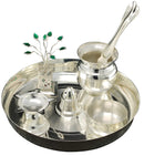 NOBILITY Silver Plated Pooja thali Set 7 Inch Plate Agarbatti Stand Diya Tulsi Idol Kalash Palli Bowl Puja Thali for Diwali Home Mandir Office Wedding Return Gift Items