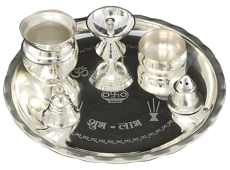 NOBILITY Silver Plated Pooja thali Set 7 Inch Plate Glash Spoon Diya Kumkum Stand Bowl Agarbatti Stand Daily Puja Thali for Diwali, Home, Temple, Office, Wedding Return Gift Items