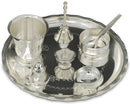 NOBILITY Silver Plated Pooja thali Set 8 Inch with Plate Ghanti Bowl Spoon Dhup Dan Kuber Diya Kumkum Stand Puja Thali for Diwali Home Mandir Office Wedding Return Gift Items