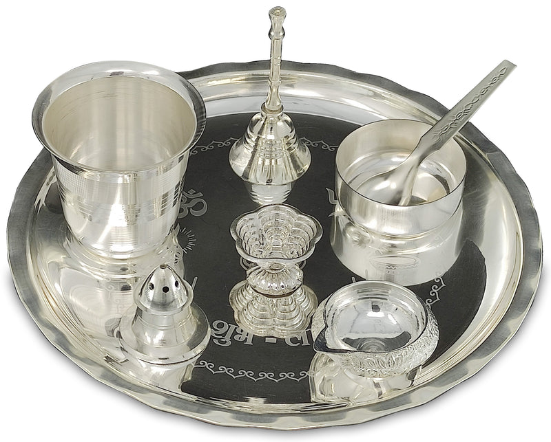 NOBILITY Silver Plated Pooja thali Set 8 Inch with Plate Ghanti Bowl Spoon Dhup Dan Kuber Diya Kumkum Stand Puja Thali for Diwali Home Mandir Office Wedding Return Gift Items