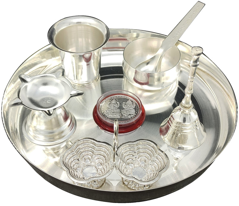 NOBILITY Silver Plated Pooja thali Set 7 Inch Plate Kumkum Holder Diya Glass Ganesh Lakshmi Coin Bowl Spoon Ghanti Festival Ethnic Puja Thali Items for Diwali Daily Home Temple Office Wedding Return Gift Items