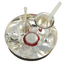 NOBILITY Silver Plated Pooja Thali Set 5 Inch Plate Kumkum Holder Diya Ghanti Glass Spoon Bowl Ganesh Lakshmi Coin Premium Puja Decorative for Home Office Wedding Return Gift Items