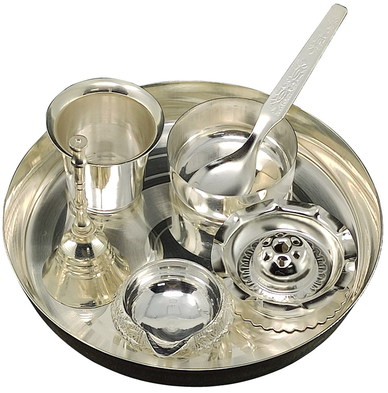 NOBILITY Silver Plated Pooja Thali Set Small 6 Inch Plate Ghanti Glass Kuber Diya Bowl Spoon Agarbatti Stand Puja Decorative Items for Home Mandir Office Wedding Return Gift Items