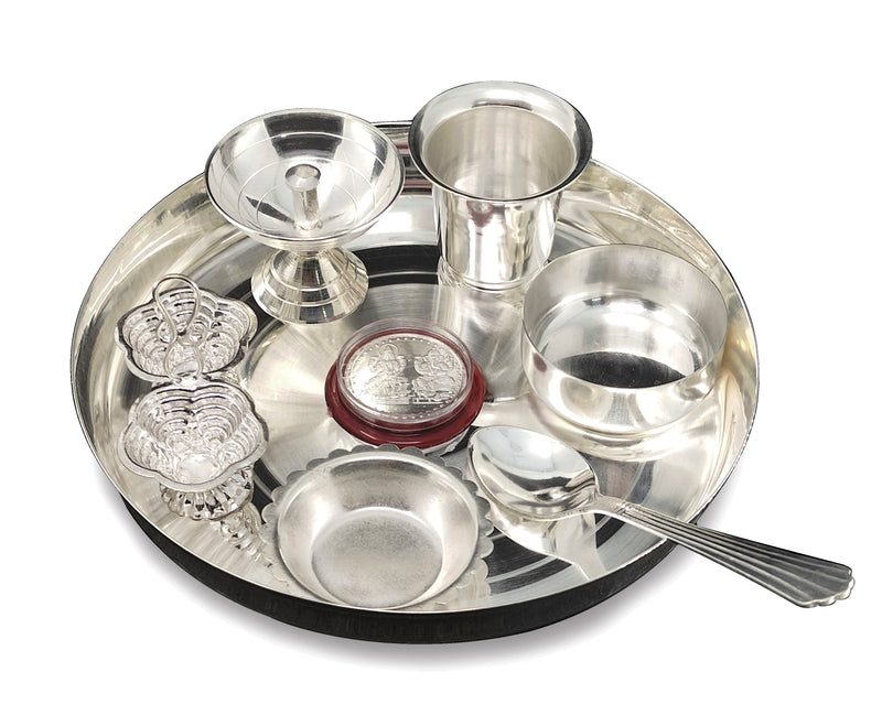 NOBILITY Silver Plated Pooja thali Set 7 Inch Plate Bowl Kumkum Holder Pyiali Diya Glass Bowl Spoon Ganesh Lakshmi Coin Puja Thali for Diwali, Home, Office, Temple, Wedding Return Gift Items