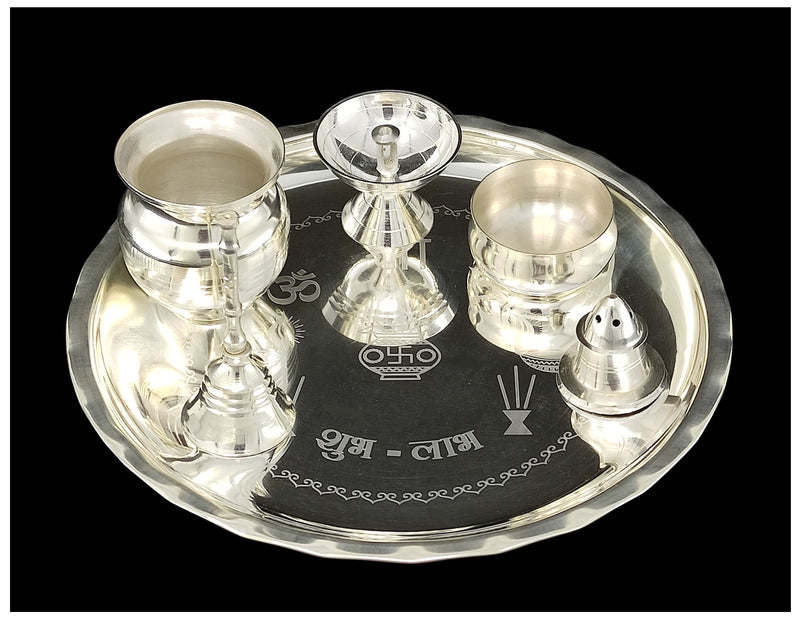 NOBILITY Silver Plated Pooja thali Set 7 Inch Plate Glash Spoon Diya Kumkum Stand Bowl Agarbatti Stand Daily Puja Thali for Diwali, Home, Temple, Office, Wedding Return Gift Items