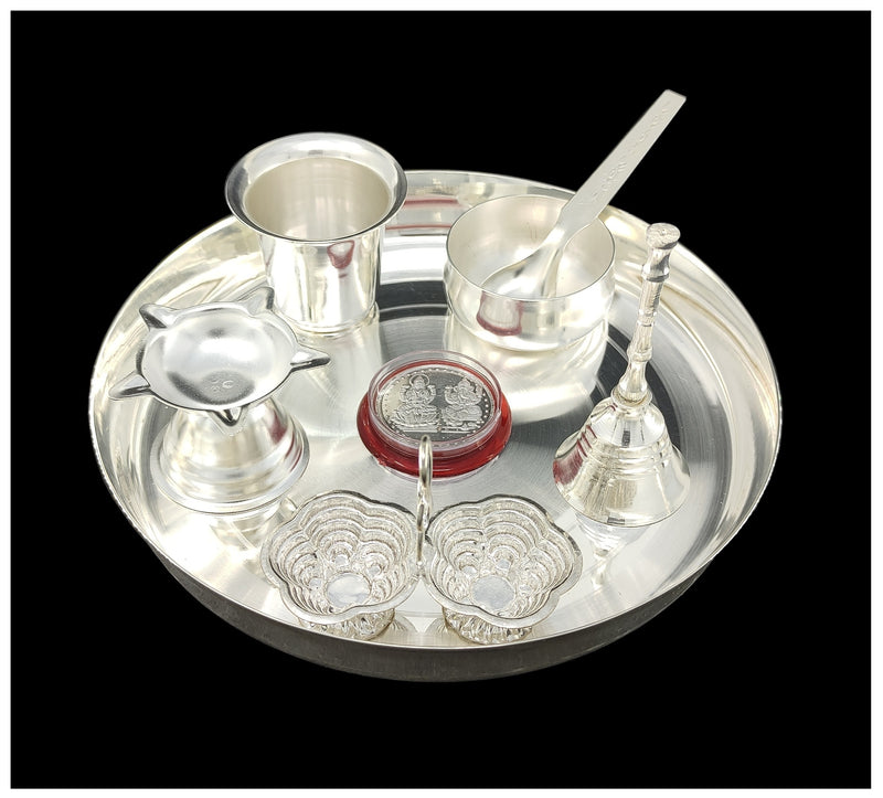 NOBILITY Silver Plated Pooja thali Set 7 Inch Plate Kumkum Holder Diya Glass Ganesh Lakshmi Coin Bowl Spoon Ghanti Festival Ethnic Puja Thali Items for Diwali Daily Home Temple Office Wedding Return Gift Items