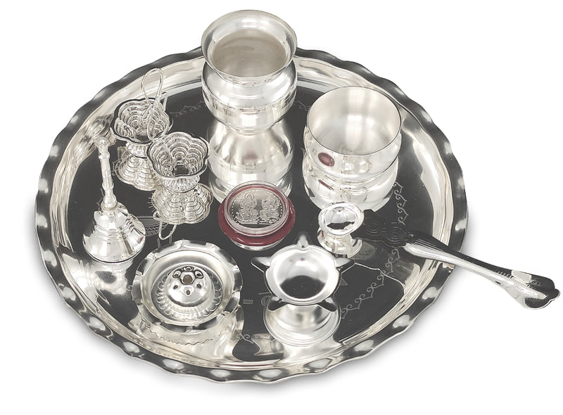 NOBILITY Silver Plated Pooja thali Set 9.5 Inch with Plate Kalash Palli Diya Kumkum Holder Bowl Dhup Dan Coin Ghanti Puja Thali for Diwali Home Mandir Office Wedding Return Gift Items