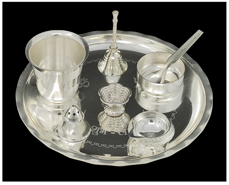 NOBILITY Silver Plated Pooja thali Set 8 Inch with Plate Ghanti Bowl Spoon Dhup Dan Kuber Diya Kumkum Stand Puja Thali for Diwali Home Mandir Office Wedding Return Gift Items