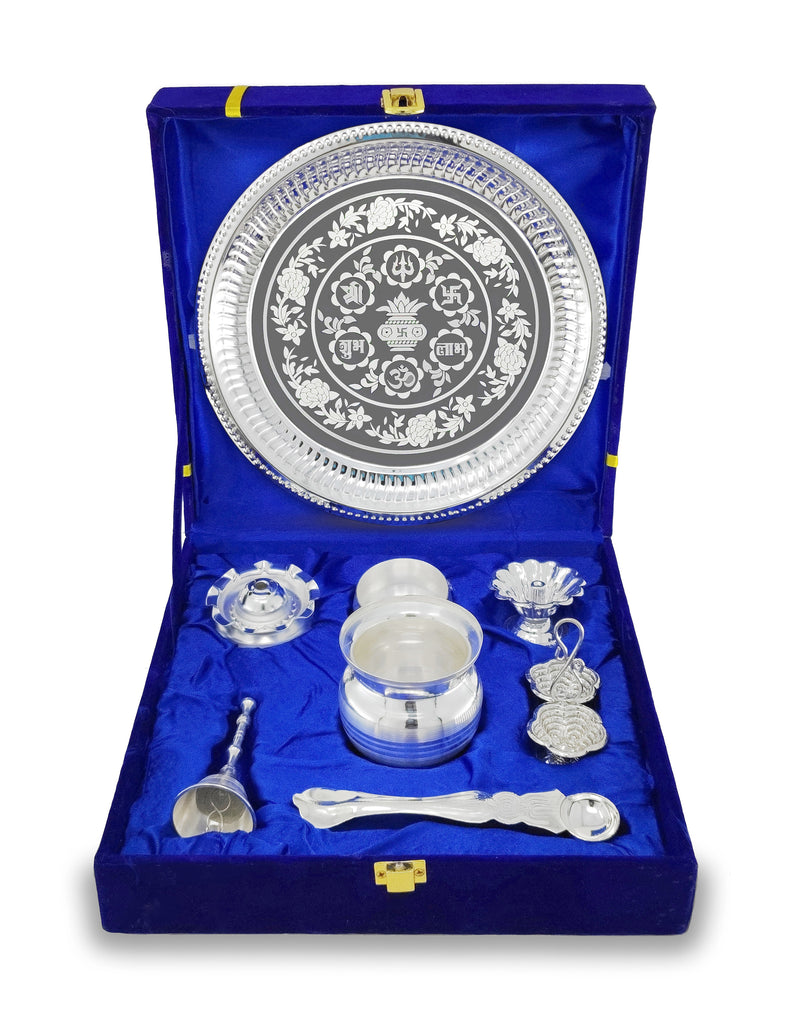 NOBILITY Subh Labh Pooja Thali Set Silver Plated with Blue Gift Box Designed Puja Plate 8 Inch for Home Office Diwali Wedding Return Gift Items