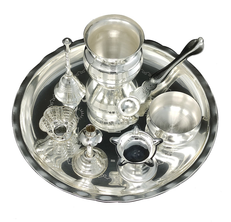 NOBILITY Silver Plated Pooja thali Set 08 Inch Festival Ethnic Puja Thali Items for Home, Office, Mandir, Weeding Gift