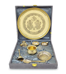 NOBILITY Pure Brass Lakshmi Ganesha Design Pooja Thali Set 8 Inch with Gray Velvet Gift Box