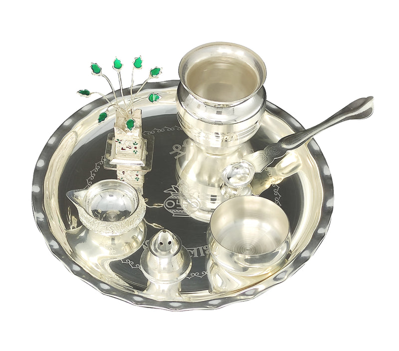 NOBILITY Silver Plated Pooja thali Set 8 Inch with Plate Bowl Loti Palli Agarbatti Stand Kuber Diya Tulsi Idol Puja Thali for Diwali Home Mandir Office Wedding Return Gift Items