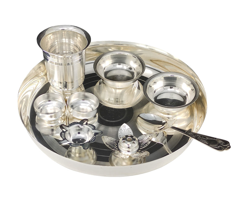 NOBILITY Silver Plated Pooja thali Set 10 Inch with Plate Glass Spoon Diya Kumkum Holder Bowl Dhup Dan Puja Thali for Diwali Home Mandir Office Wedding Return Gift Items