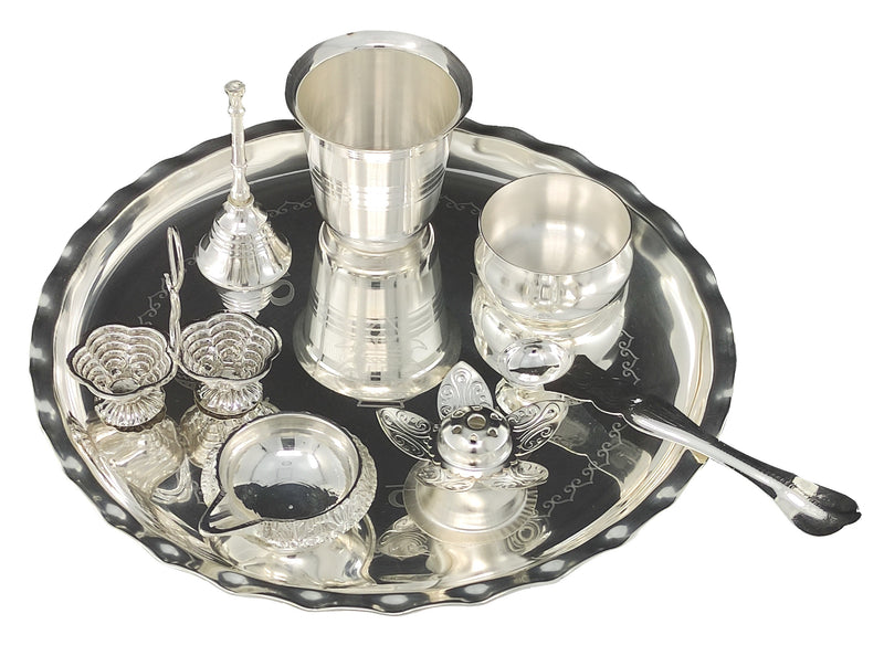 NOBILITY Silver Plated Pooja thali Set 9.5 Inch with Plate Kuber Diya Haldi Kumkum Holder Glass Bowl Agarbatti Stand Ghanti Puja Thali for Home Mandir Office Diwali Wedding Return Gift Items