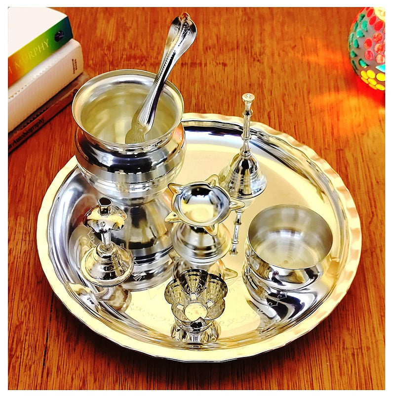 NOBILITY Silver Plated Pooja thali Set 08 Inch Festival Ethnic Puja Thali Items for Home, Office, Mandir, Weeding Gift