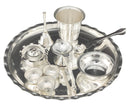 NOBILITY Silver Plated Pooja thali Set 9.5 Inch with Plate Glass Palli Arti Diya Kumkum Holder Bowl Dhup Dan Ghanti Puja Thali for Diwali Home Mandir Office Wedding Return Gift Items