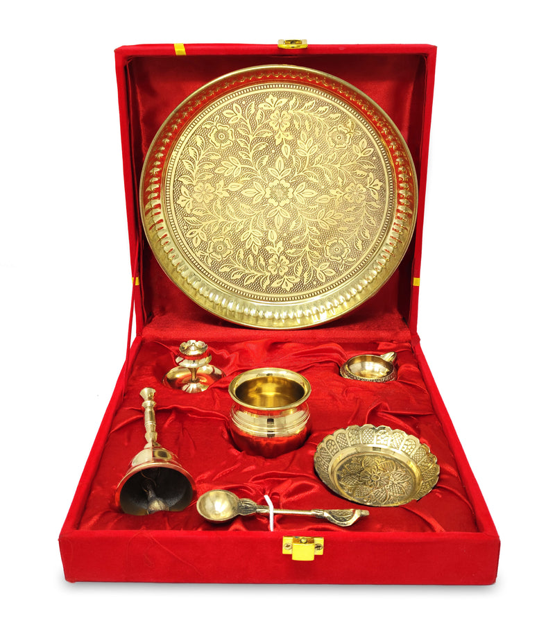 NOBILITY Pure Brass Pooja Thali Set 8 Inch with Red Velvet Gift Box