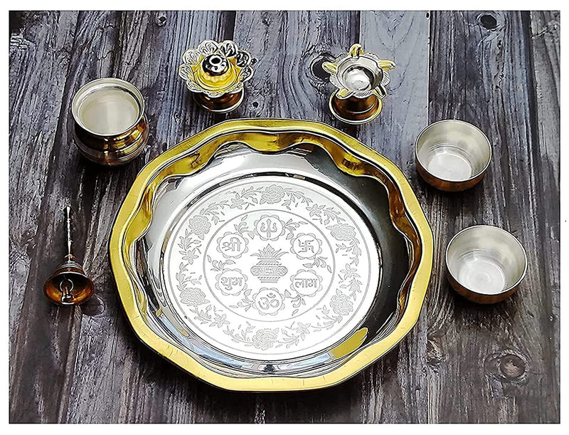 NOBILITY Gold and Silver Plated Pooja thali Set Designed Puja Thali Items for Diwali, Home, Mandir, Office, Wedding Return Gift