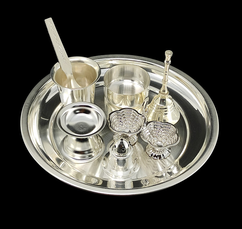 NOBILITY Silver Plated Pooja thali Set 7 Inch Plate Glash Spoon Diya Kumkum Stand Bowl Agarbatti Stand Daily Puja Thali for Diwali, Home, Temple, Office, Wedding Return Gift Items