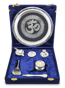 NOBILITY Pooja Thali Set Silver Plated with Blue Gift Box Om Designed 22 cm Puja Plate Kalash Bowl Ghanti Spoon Dhup Dan Diya for Home Office Diwali Wedding Return Gift Items