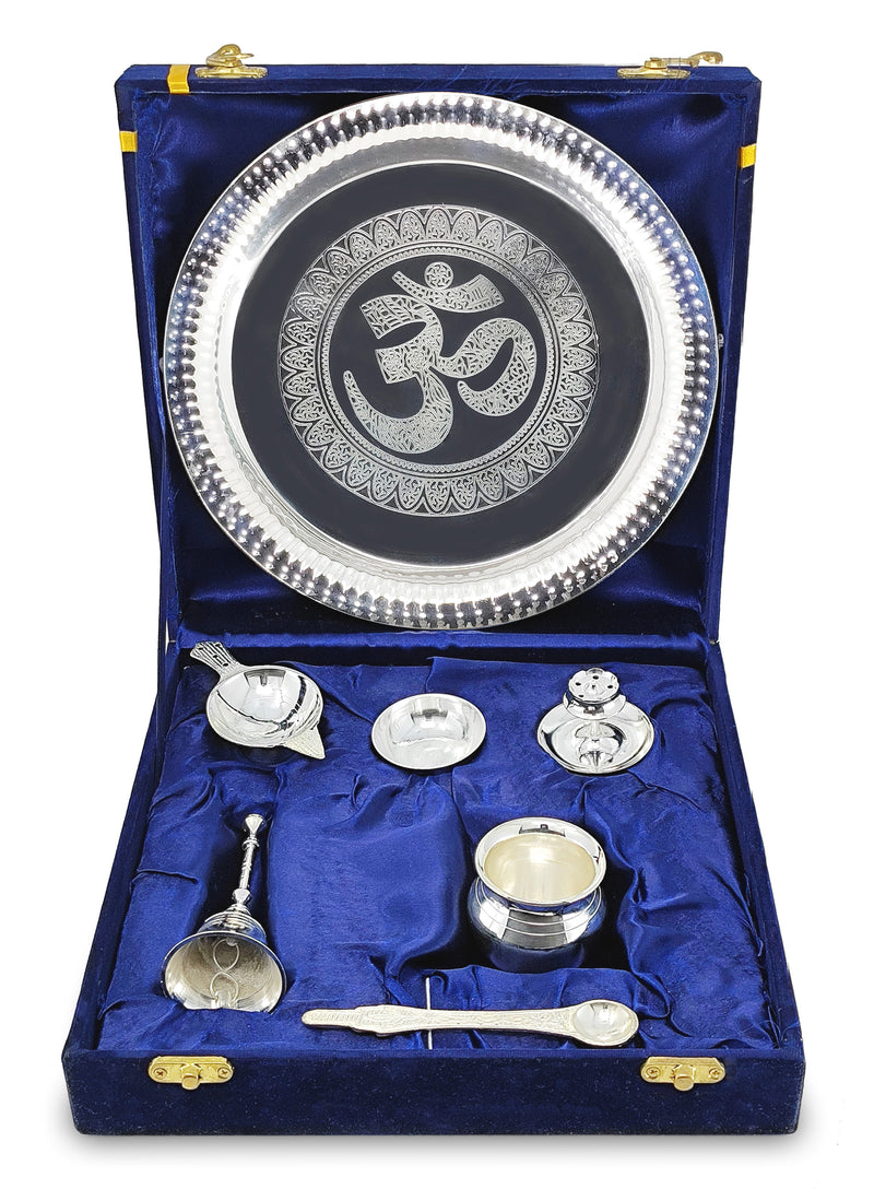 NOBILITY Pooja Thali Set Silver Plated with Blue Gift Box Om Designed 22 cm Puja Plate Kalash Bowl Ghanti Spoon Dhup Dan Diya for Home Office Diwali Wedding Return Gift Items