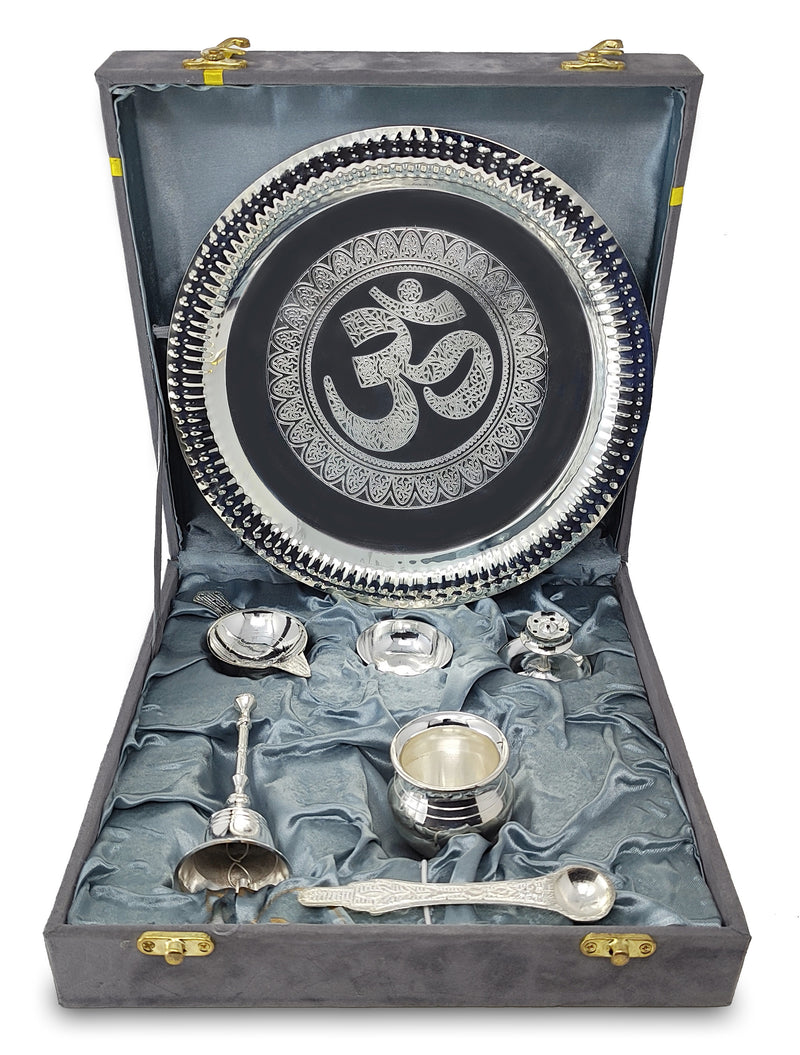 NOBILITY Pooja Thali Set Silver Plated with Grey Gift Box Om Designed 22 cm Puja Plate Kalash Bowl Ghanti Spoon Dhup Dan Diya for Home Office Diwali Wedding Return Gift Items