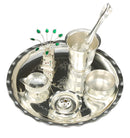 NOBILITY Silver Plated Pooja thali Set 8 Inch with Plate Bowl Glass Palli Agarbatti Stand Kuber Diya Tulsi Idol Puja Thali for Diwali Home Mandir Office Wedding Return Gift Items