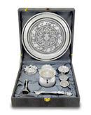 NOBILITY Lakshmi Ganesha Pooja Thali Set Silver Plated with Gray Gift Box Designed Puja Plate 8 Inch for Home Office Diwali Wedding Return Gift Items