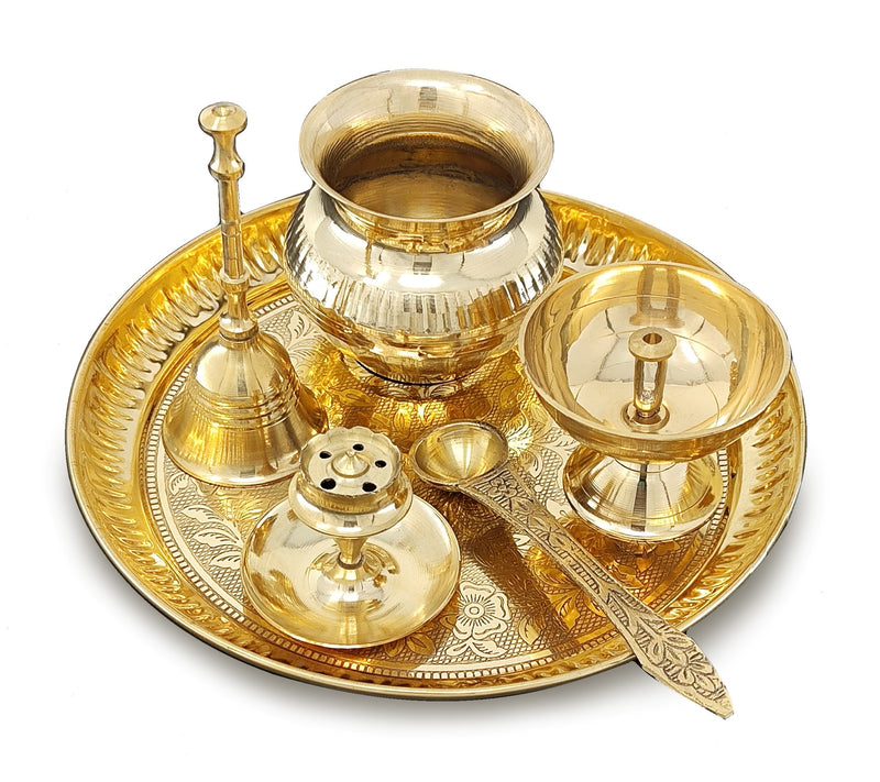 NOBILITY Brass Pooja Thali Set 7 Inch with Pital Puja Plate Kalash Bowl Spoon Dhup Dan Palli Ghanti Kuber Diya Chandan Wati Arti Thali for Diwali Home Office Mandir Wedding Return Gift Items