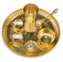 NOBILITY Brass Pooja Thali Set 8 Inch with Pital Plate Glass Nag Archmini Spoon Kuber Diya Dhup Dan Puja Thali for Diwali Home Mandir Office Wedding Return Gift Items
