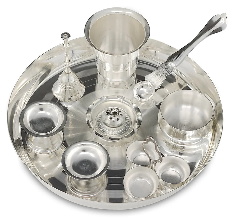 NOBILITY Silver Plated Pooja thali Set 8 Inch with Plate Diya Palli Glass Bowl Ghanti Agarbatti Stand Kumkum Stand Puja Thali for Diwali Home Mandir Office Wedding Return Gift Items