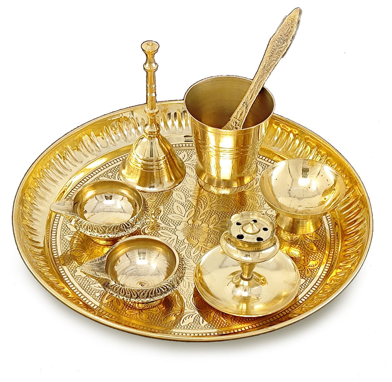 NOBILITY Brass Pooja Thali Set 7 Inch with Pital Puja Plate Kalash Bowl Spoon Dhup Dan Palli Ghanti Kuber Diya Chandan Wati Arti Thali for Diwali Home Office Mandir Wedding Return Gift Items