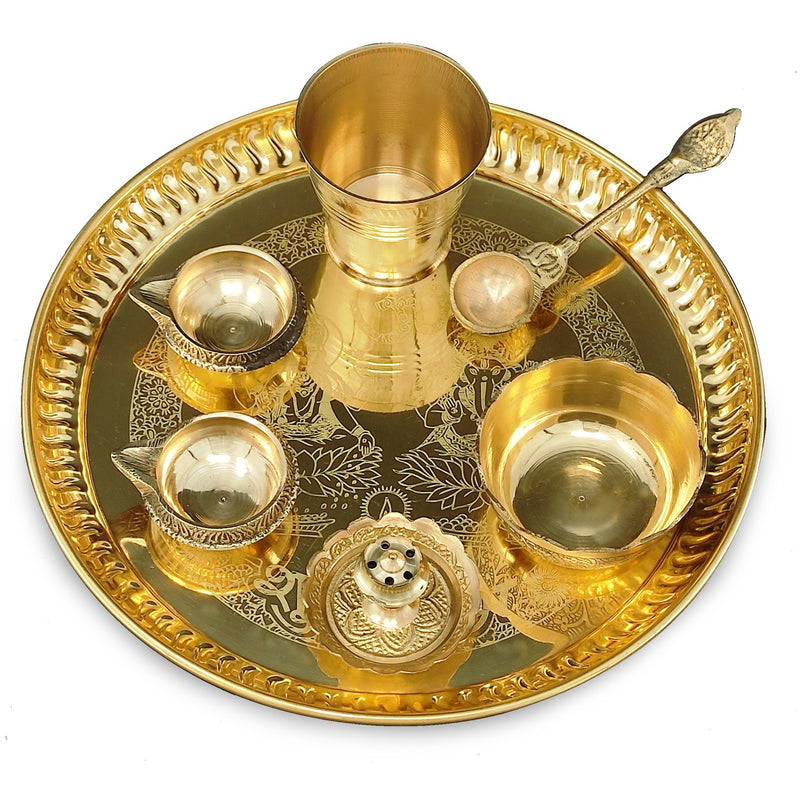 NOBILITY Brass Pooja Thali Set 8 Inch with Pital Plate Glass Nag Archmini Spoon Kuber Diya Dhup Dan Puja Thali for Diwali Home Mandir Office Wedding Return Gift Items