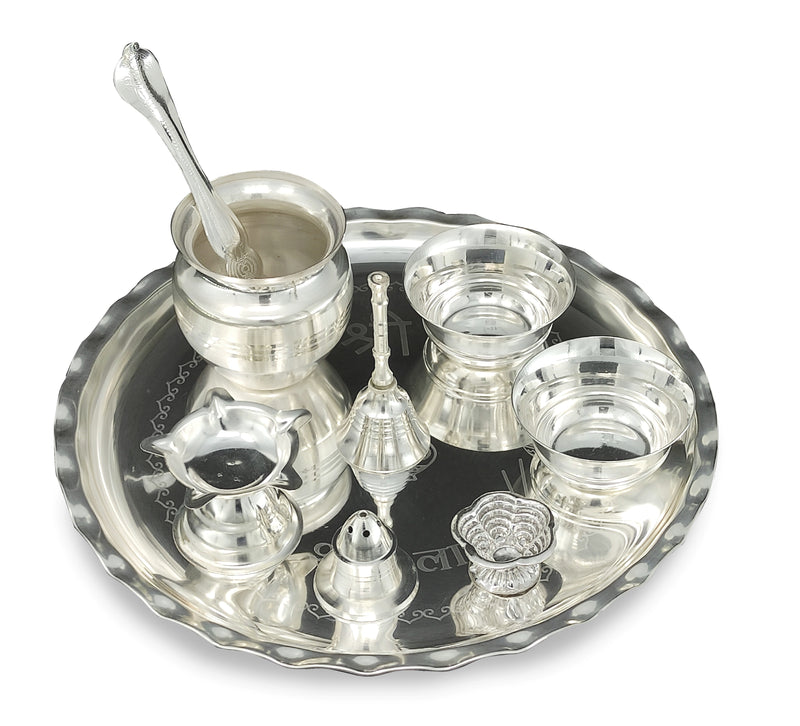 NOBILITY Silver Plated Pooja thali Set 9.5 Inch with Plate Bowls Ghanti Kalash Palli Diya Dhup Dan Puja Thali for Home Mandir Office Diwali Wedding Return Gift Items