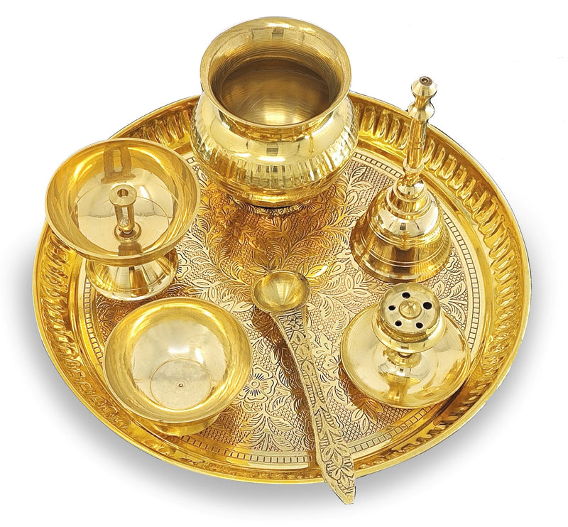 NOBILITY Brass Puja Thali Set 8 Inch Pooja Thali with Pital Plate Kalash Chandan Vati Piyali Deep Dhup Dan Ghanti Palli Diya Arti Thali for Diwali Home Office Mandir Wedding Return Gift Items