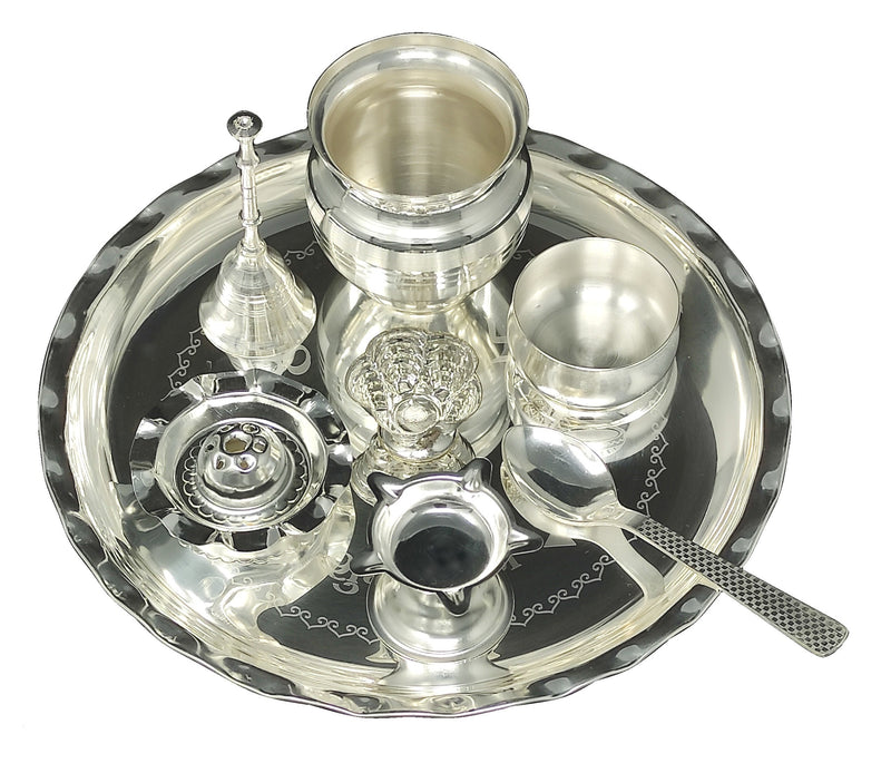 NOBILITY Silver Plated Glossy Pooja thali Set 8 Inch for Mandir Temple Festival Ethnic Puja Thali Gift for Diwali, Home, Office, Wedding Gift