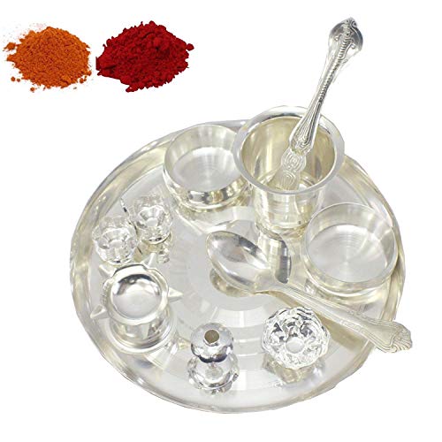 NOBILITY Silver Plated Pooja thali Set 07 Inch for Festival Ethnic Puja Thali Gift for Diwali, Home, Temple, Office, Wedding Gift