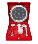 NOBILITY Pooja Thali Set Silver Plated with Red Gift Box Designed Puja Plate 8 Inch for Home Office Diwali Wedding Return Gift Items