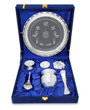 NOBILITY Pooja Thali Set Silver Plated with Blue Gift Box Designed Puja Plate 8 Inch for Home Office Diwali Wedding Return Gift Items